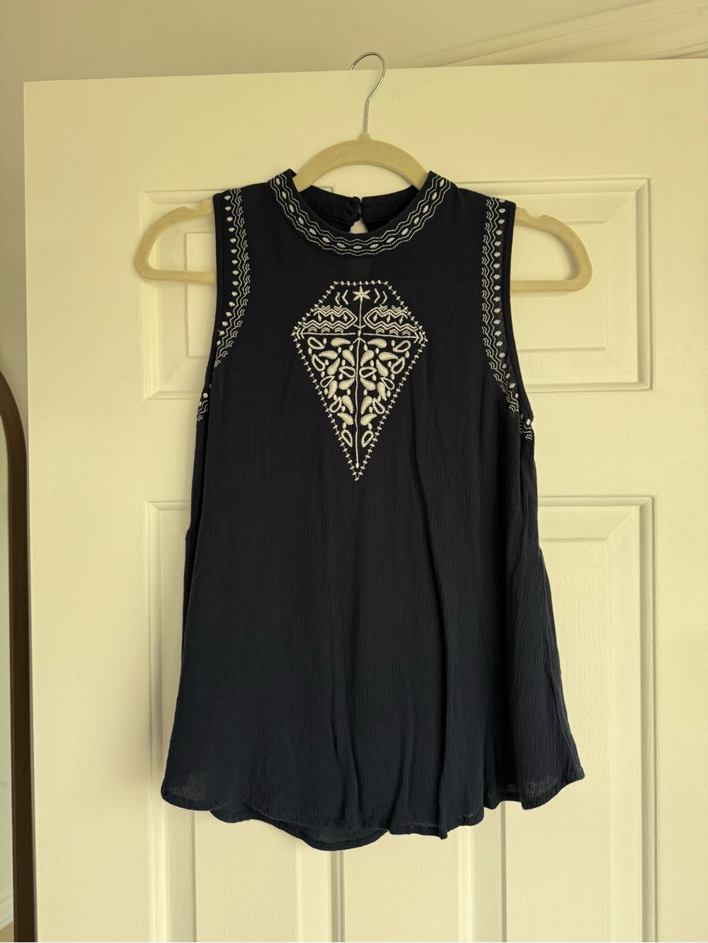 Kismet Navy Sleeveless Embroidered High-Neck Tank